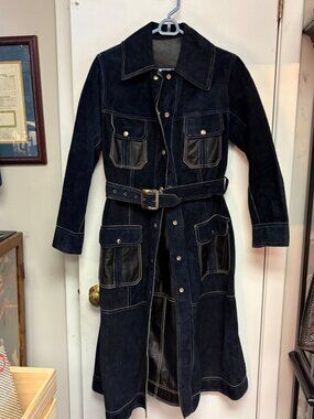 Vintage Reversible Genuine Leather & Suede Long Coat Women’s Small Belted Black